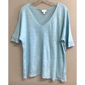 J Jill Love Linen Blue V Neck Short Sleeve Top Shirt Womens Size Large